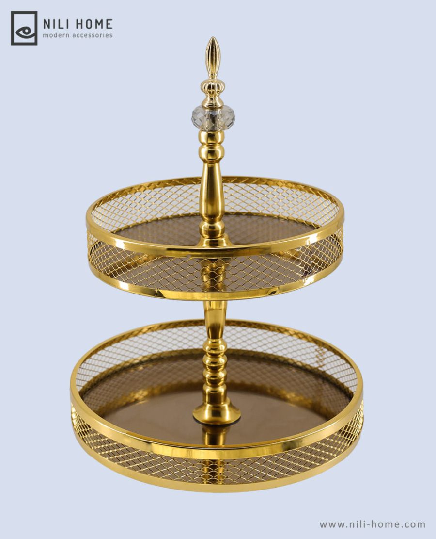 Double tray 01 min | سینی دو طبقه‌ای آینه‌ای مدل بهدیس رنگ طلایی
