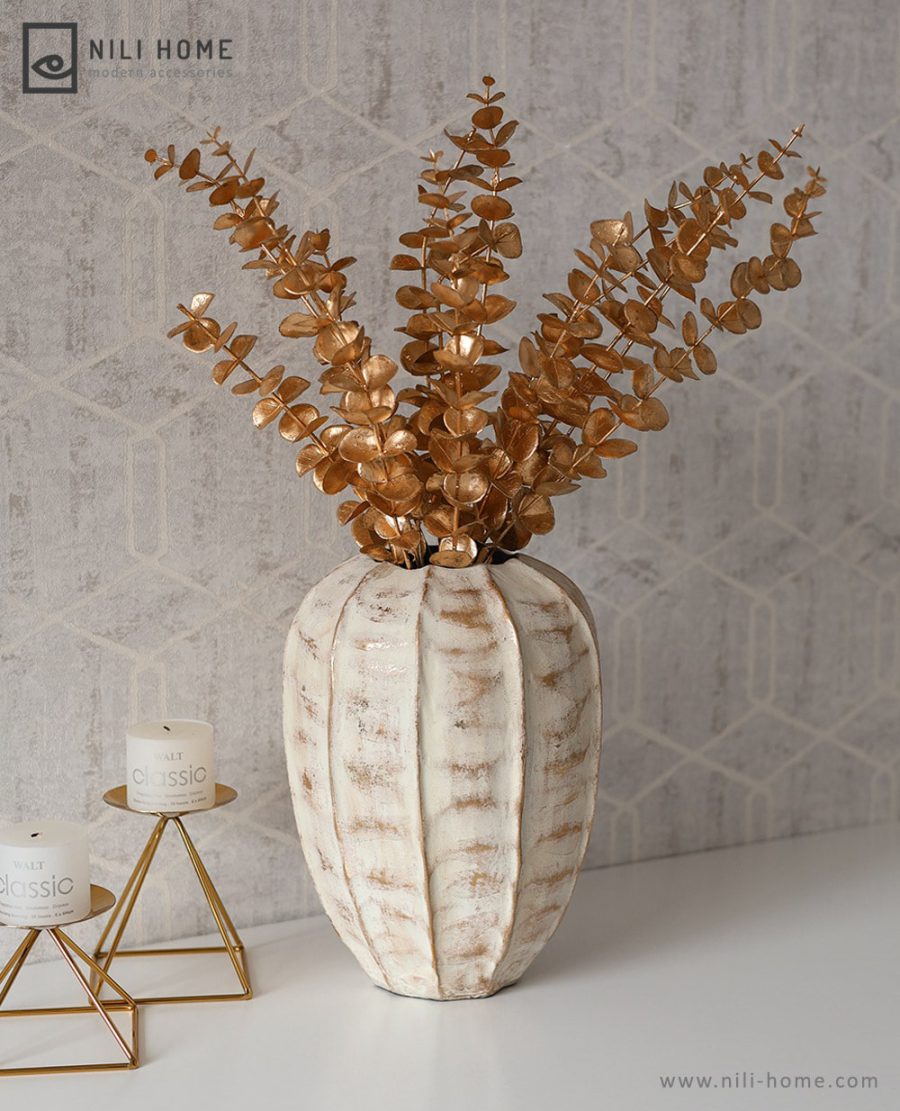 Oak vase 01 min | گلدان بلوط مدل آکام رنگ سفید استخوانی