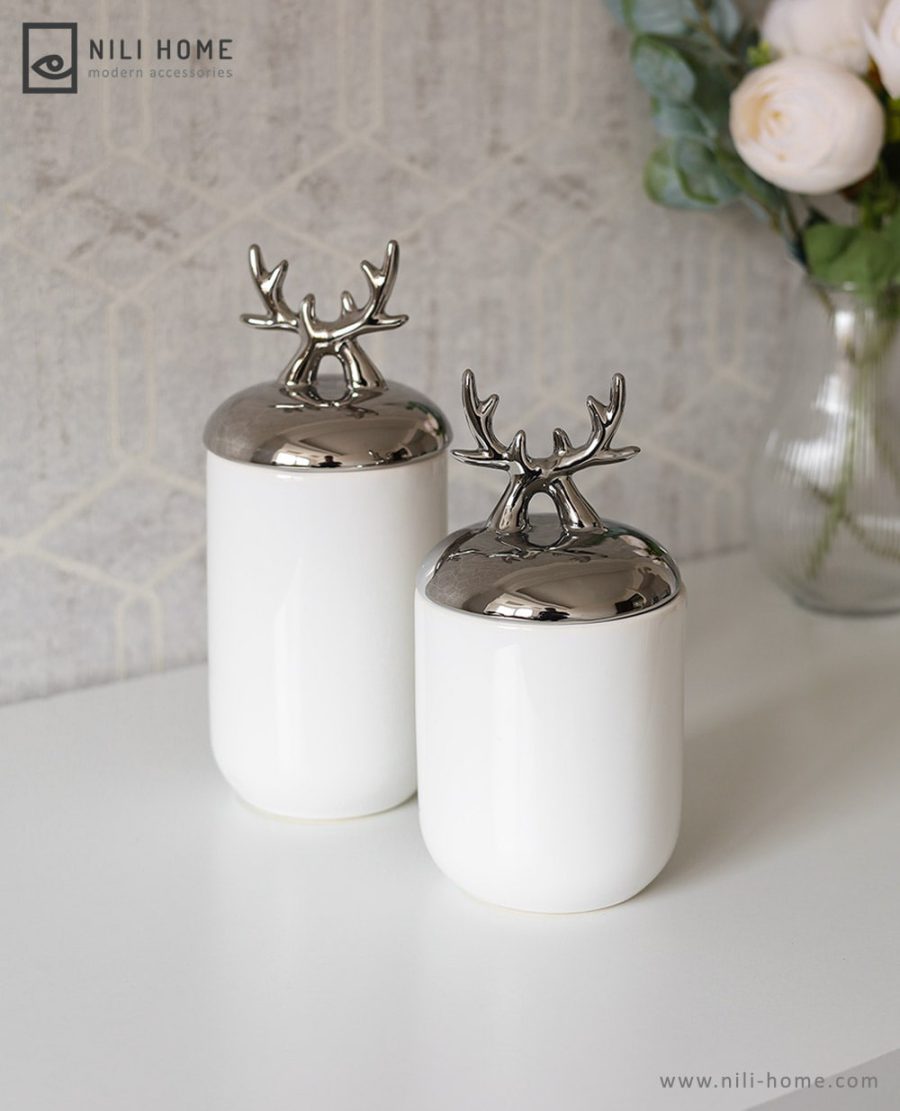 Silver deer antler banke 01 min | بانکه سرامیکی 2 سایز شاخ گوزن رنگ سفید و نقره ای