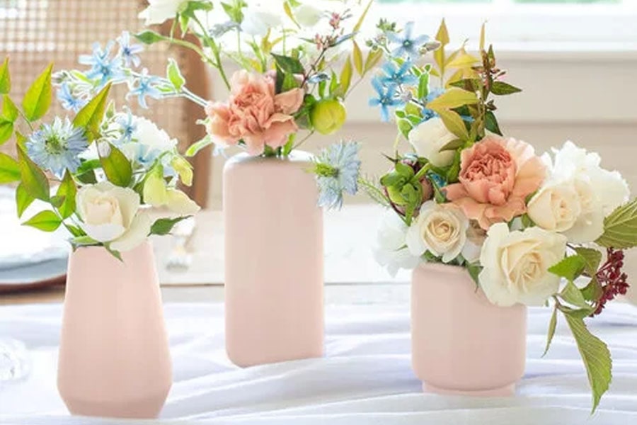 گلدان دکوری سرامیکی جذاب برای چیدمان میز جلو مبلی با رنگ گلبهی